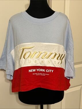 Tommy Hilfiger Light Blue White Red Colorblock NYC Cropped Tee